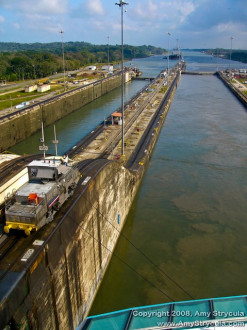 Mule Locomotive tethered to cruise ship, Panama Canal