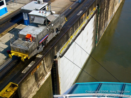 Mule Locomotive tethered to cruise ship, Panama Canal