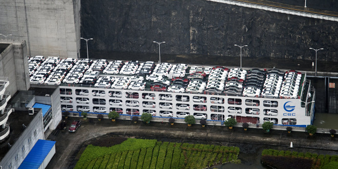 New Cars on a Chinese Boat at Three Gorges Dam, China