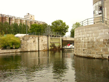 A boat coming through the locks on the Lachine Canal